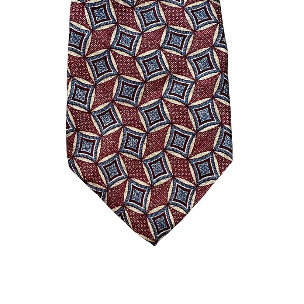 Perry Ellis Portfolio Mens Tie Burgundy Red Blue Geometric Italian Silk 4 Inch